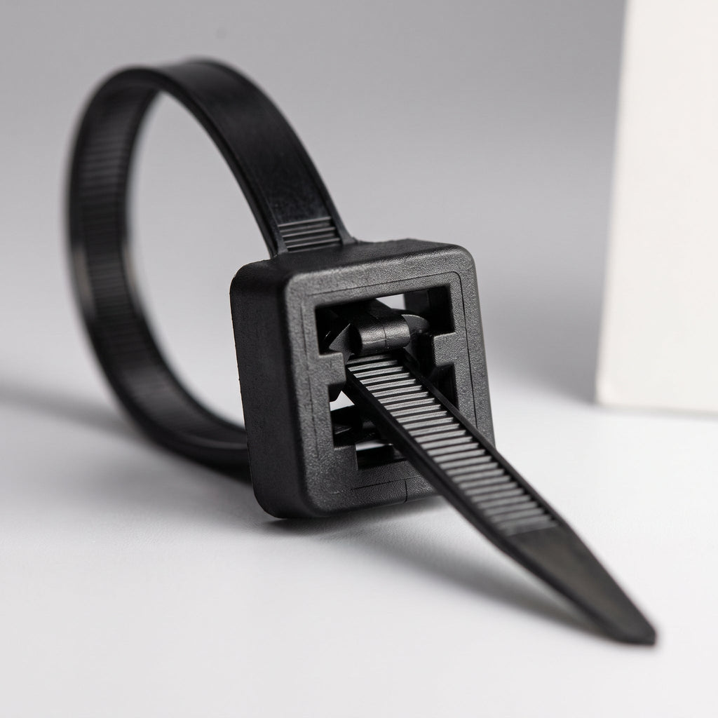 Tête autobloquante d'un collier de serrage nylon, cliquet engagé sur la sangle striée