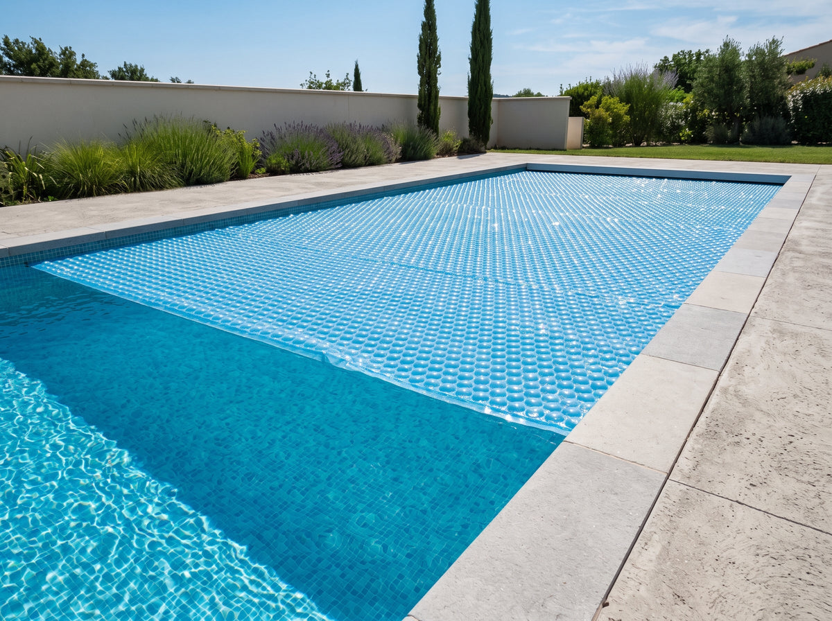 Bâche à bulles flottant sur une piscine, moitié couverte et moitié découverte
