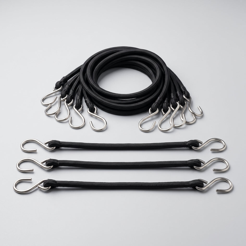 Kit de fixation pour bâche de piscine : sandows élastiques noirs et crochets en acier inoxydable