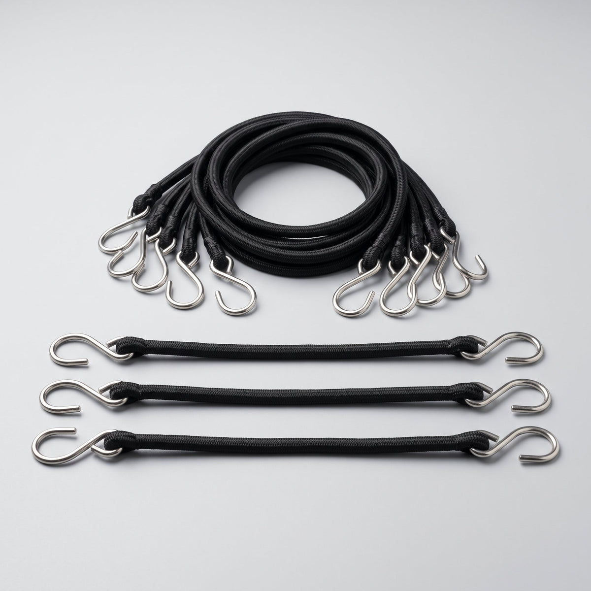 Kit de fixation pour bâche de piscine : sandows élastiques noirs et crochets en acier inoxydable